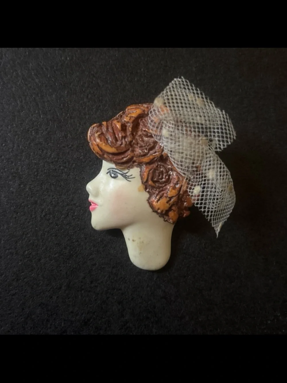 Vintage Ceramic Lady Head Brooch in Brown and Ivory by Vintage